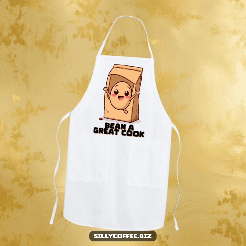 Funny Apron: A kawaii coffee bean character leaping with excitement out of a coffee bag, ready to cook.