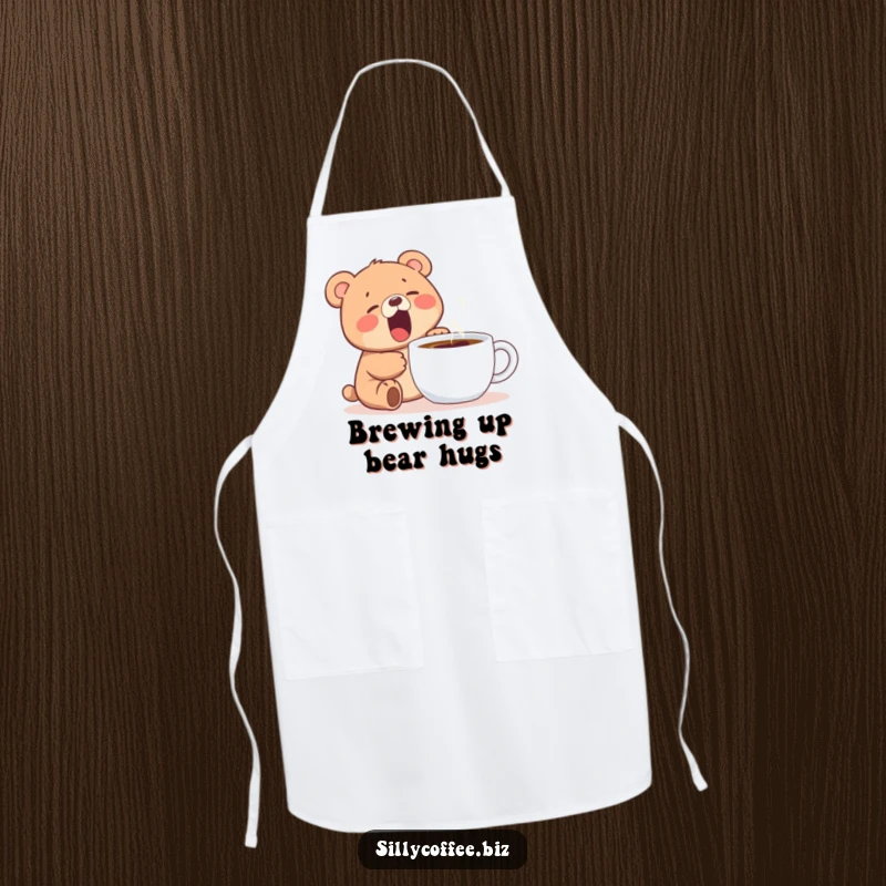 Funny apron featuring a kawaii bear cub yawning widely next to a steaming coffee mug, perfect for kitchen use.