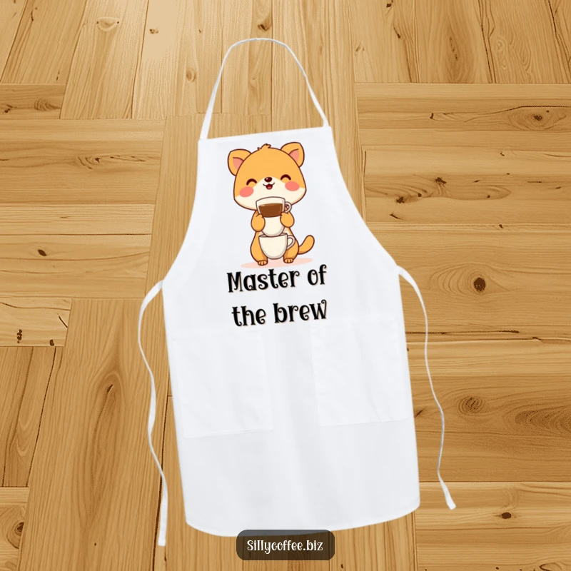 Funny Apron depicting a smiling animal character in a chef hat, balancing a tall stack of coffee cups.