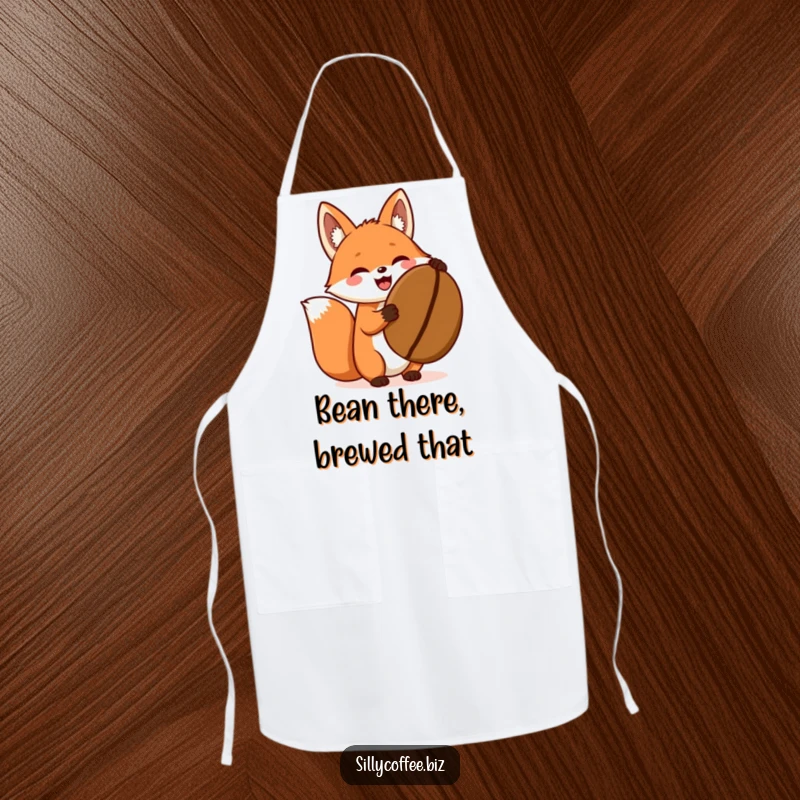 Funny apron featuring an excited kawaii fox holding a giant coffee bean, perfect for kitchen use.