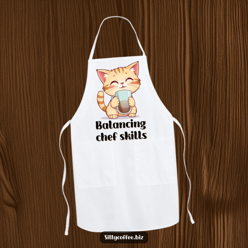 Funny apron featuring a kawaii cat focused on balancing a coffee mug on its nose, ready for kitchen duty with a smile.