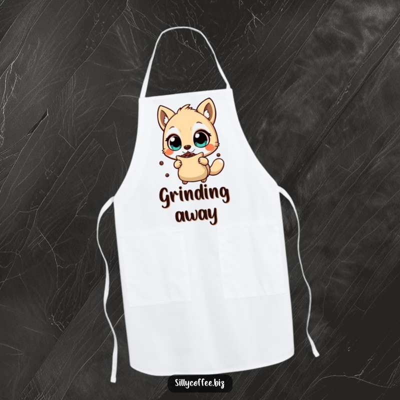 Funny Apron with an animal character shaking a coffee bean bag, adding energetic and humorous vibes to cooking, a creative humorous gift.