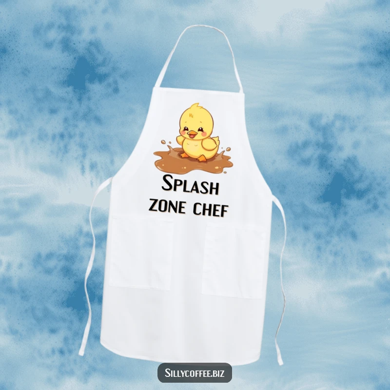 Funny apron with a kawaii duckling joyfully splashing in a spilled coffee puddle, ready for kitchen tasks with a cheerful attitude.
