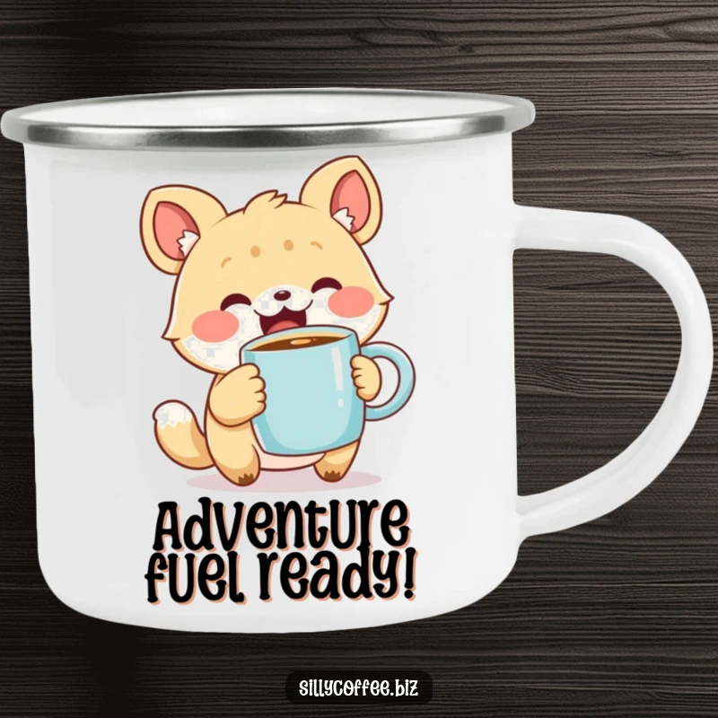Funny Camping Mug with a cute animal character holding a steaming coffee mug, perfect for outdoor enjoyment and as a cute humorous gift.