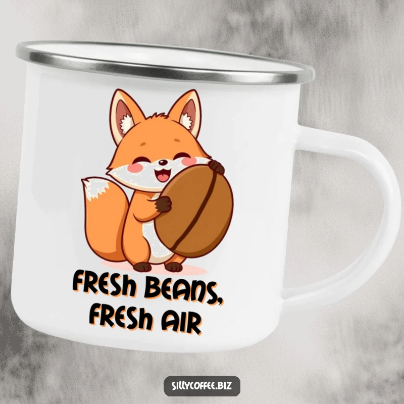 Funny camping mug featuring an excited kawaii fox holding a giant coffee bean, perfect for outdoor use.