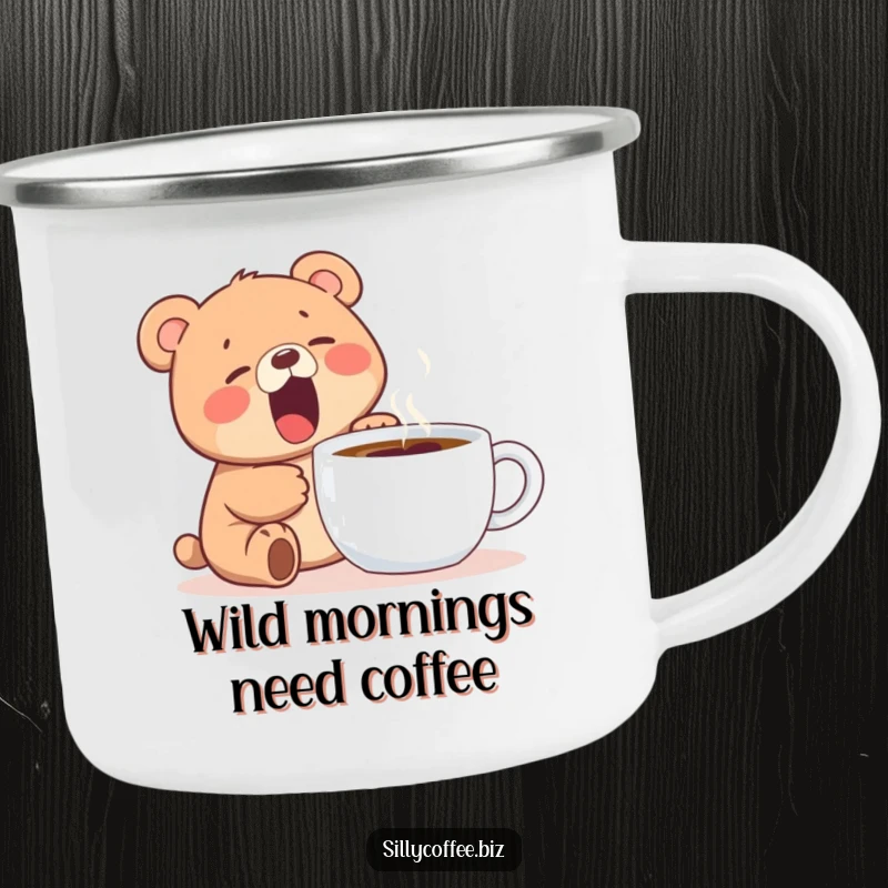 Funny camping mug featuring a kawaii bear cub yawning widely next to a steaming coffee mug, perfect for outdoor use.