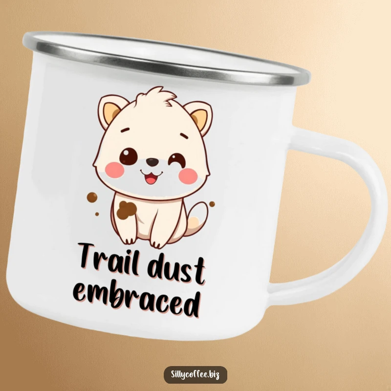 Funny Camping Mug showing a smiling animal character with a coffee stain, perfect for outdoor coffee enjoyment.