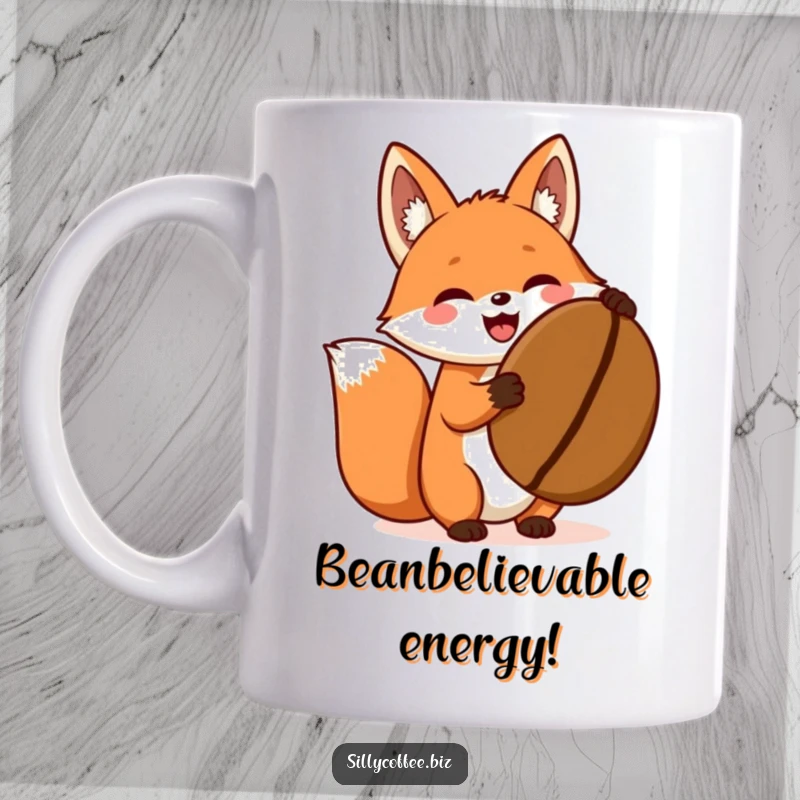 Funny mug featuring an excited kawaii fox gleefully holding up a giant coffee bean, showcasing pure coffee joy.