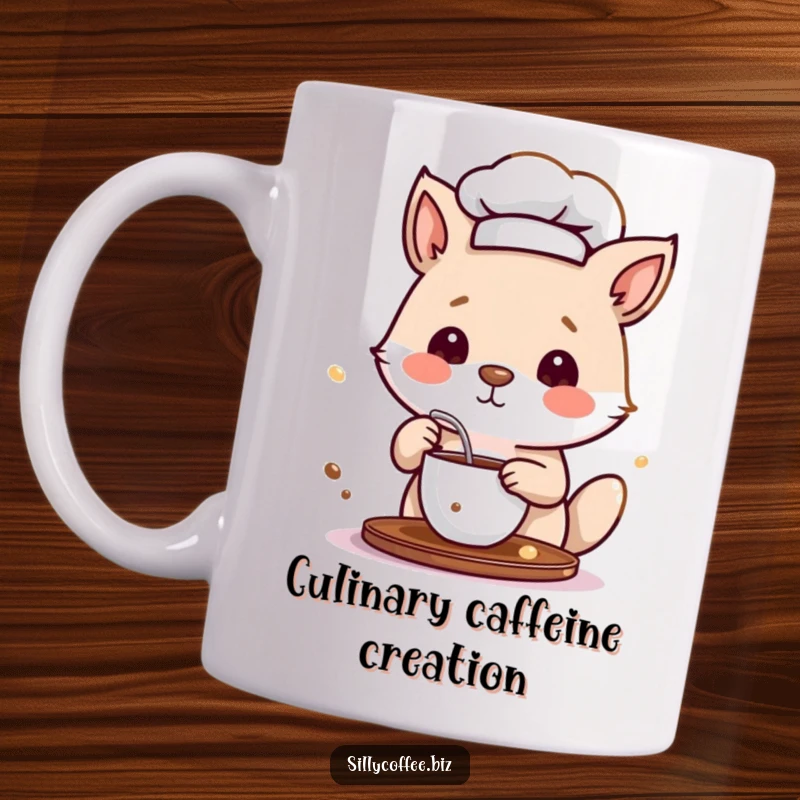 Funny Mug with a small animal character wearing a chef hat, playfully stirring a cup of coffee with a tiny whisk.