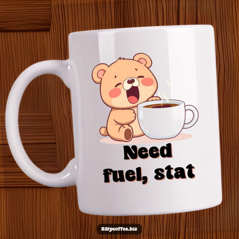 Funny mug featuring a kawaii bear cub yawning widely next to a steaming cup of coffee, capturing morning exhaustion adorably.