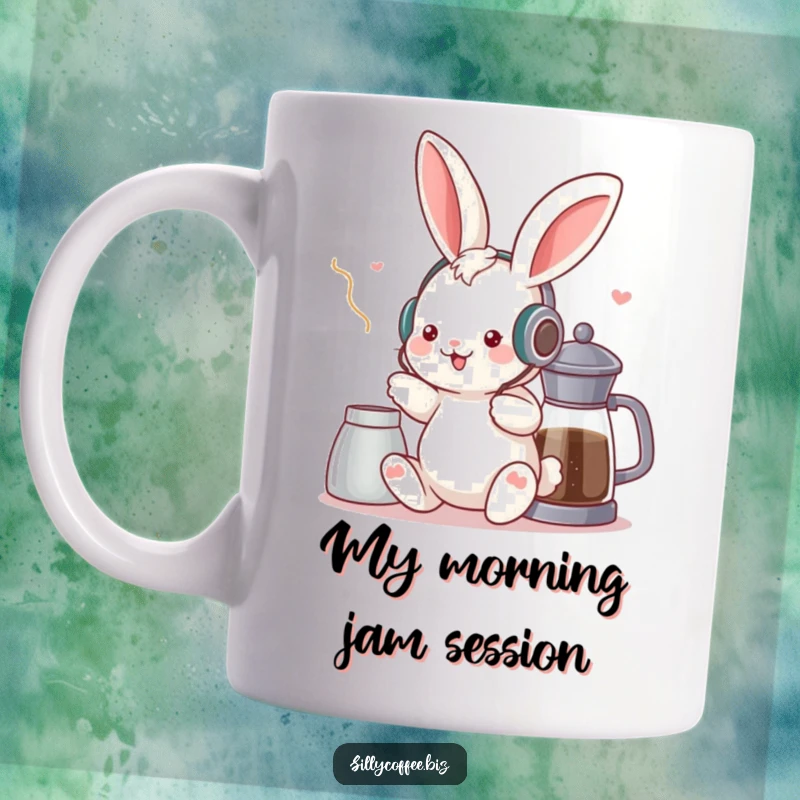 Funny kawaii bunny with tiny headphones, grooving to music with eyes closed, coffee pot nearby, vibrant colors, joyful expression.