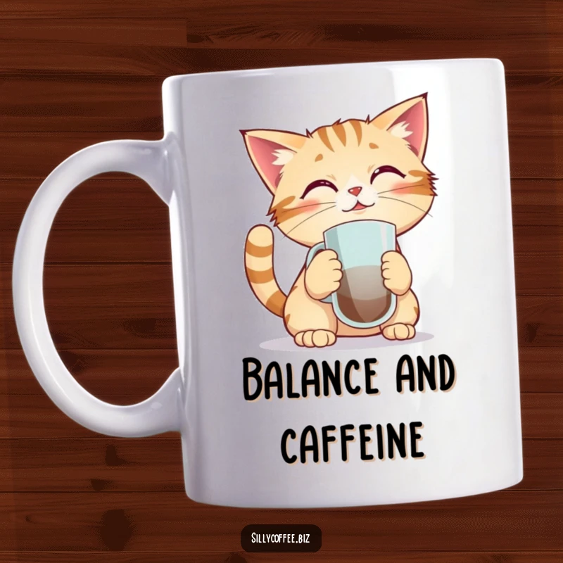 Funny kawaii cat with wide eyes, precariously balancing a coffee mug on its nose, looking determined yet slightly wobbly.