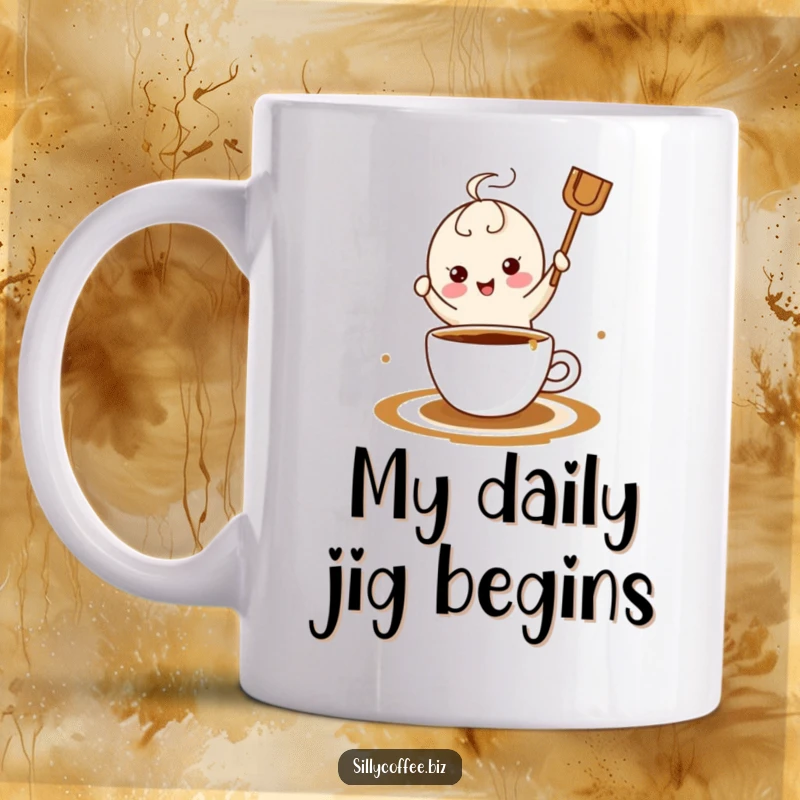 Funny kawaii coffee stirrer joyfully dancing in a steaming mug of coffee, celebrating a delightful morning brew.