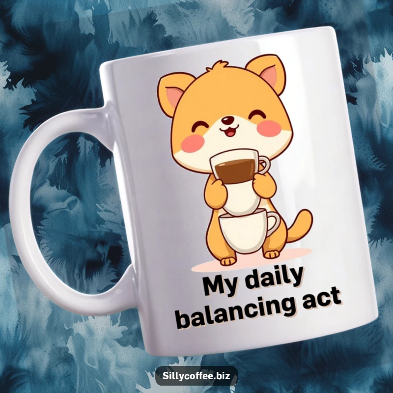 Funny Mug featuring a happy animal character precariously balancing an impossibly tall stack of steaming coffee cups.