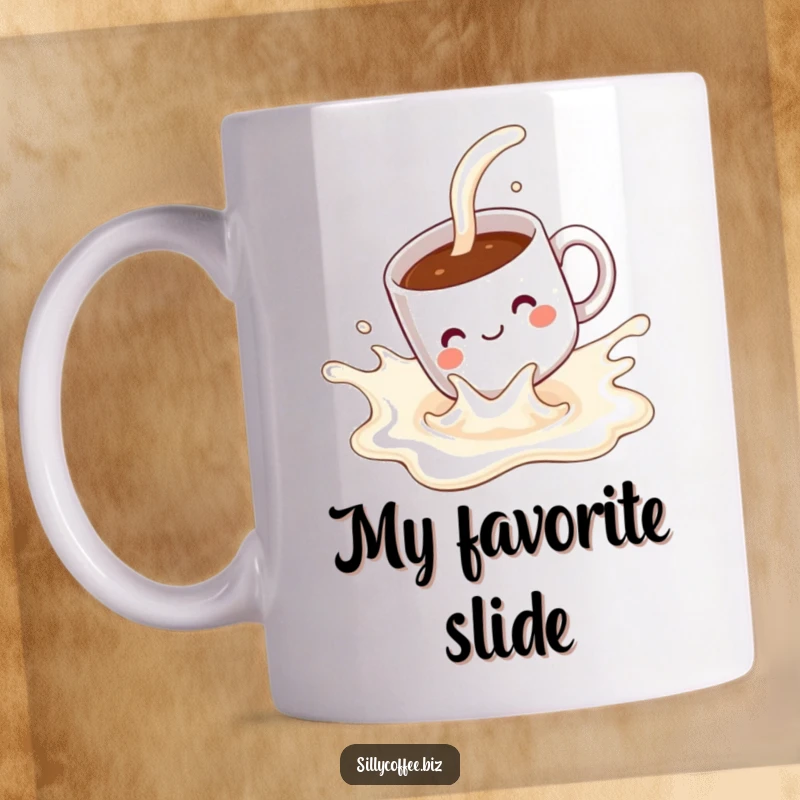Funny Mug: A kawaii coffee mug with a pleased expression, joyfully sliding down a splash of milk.