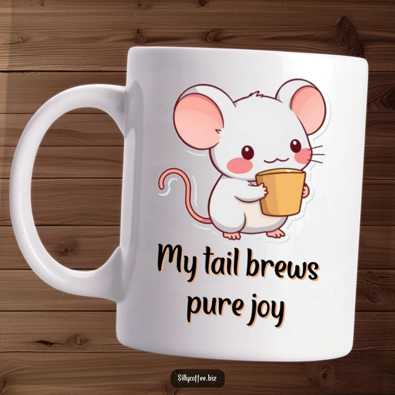 Funny Kawaii computer mouse character with a coffee cup tail, happily holding its tail, perfect for a tech gift.