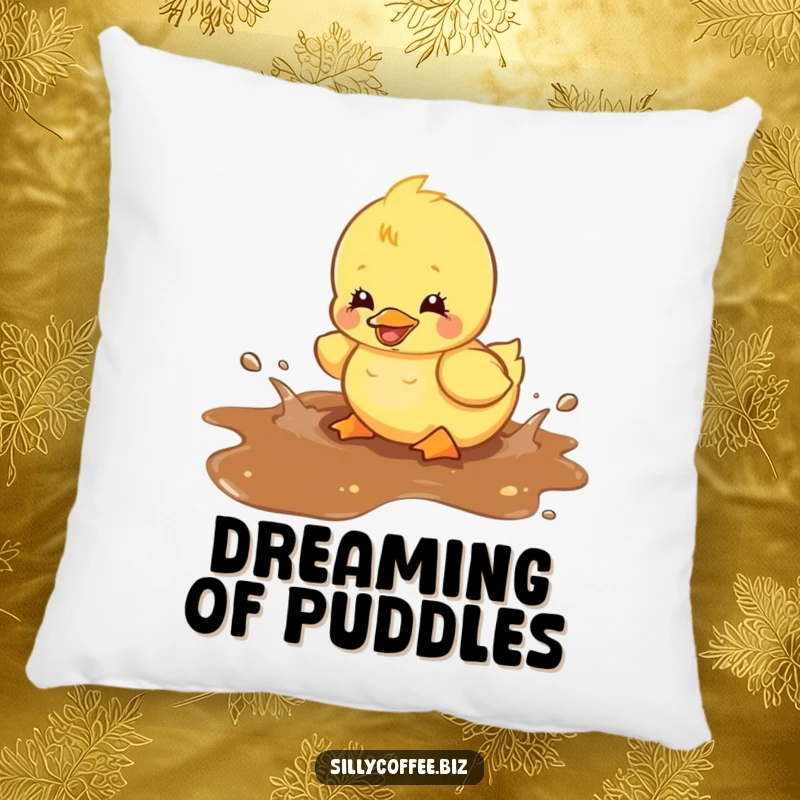 Funny pillow featuring a kawaii duckling happily splashing in a spilled coffee puddle, offering comfort and a playful, humorous aesthetic.