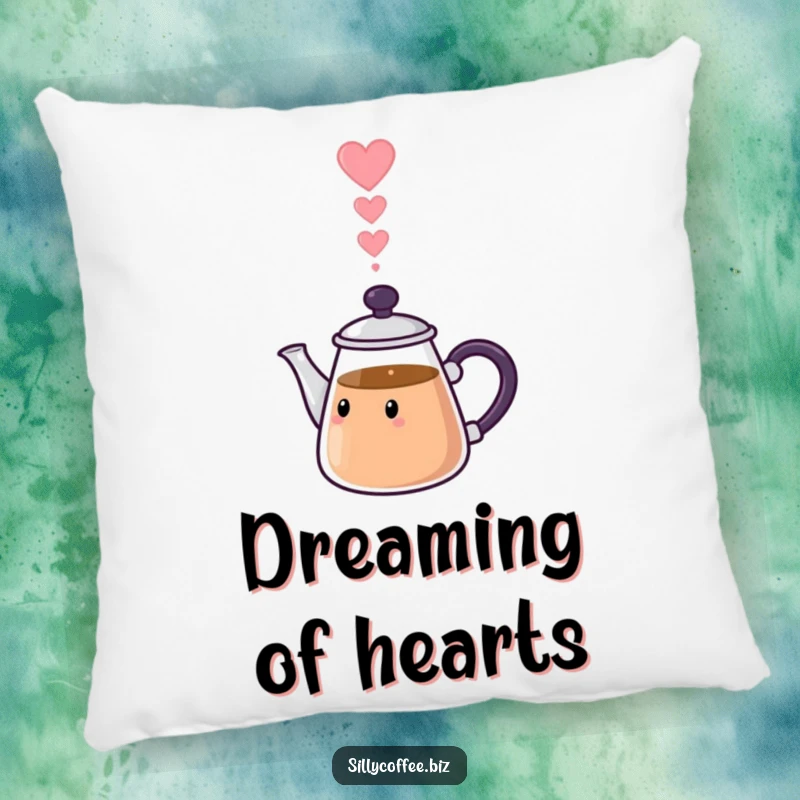 Funny Pillow: A kawaii coffee pot character with heart-shaped steam, symbolizing love and cozy comfort.