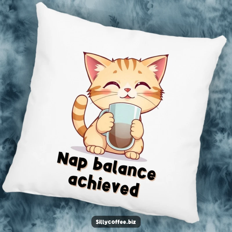 Funny pillow with a kawaii cat intently balancing a coffee mug on its nose, offering softness and a dose of lighthearted humor.