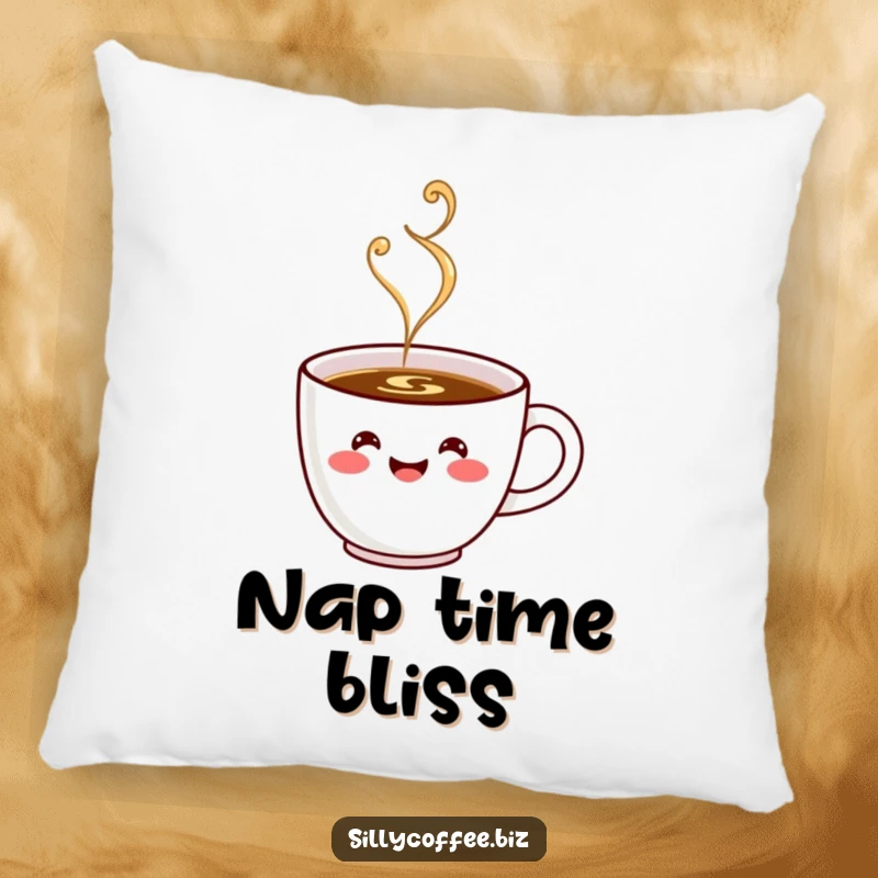 Funny Pillow: A plush kawaii coffee cup character with a wide, happy smile, steaming gently with joy.