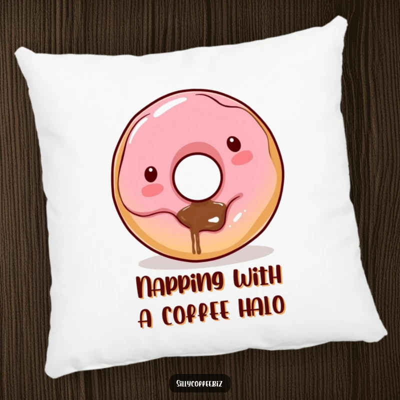 Funny Kawaii donut character with coffee dribbling from its hole, shown on a soft and comfortable pillow.