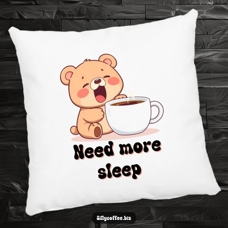 Funny pillow featuring a kawaii bear cub yawning widely next to a steaming coffee mug, perfect for cozy comfort.