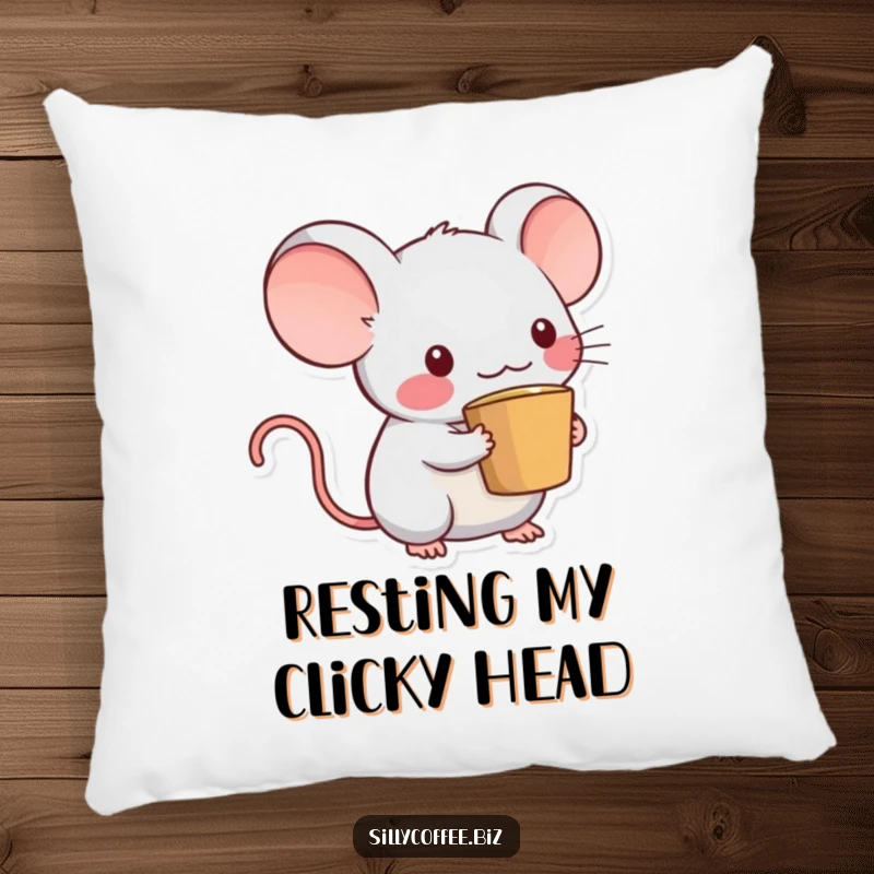 Funny Kawaii computer mouse character with a coffee cup tail resting on a couch, perfect for a cozy and humorous accent.