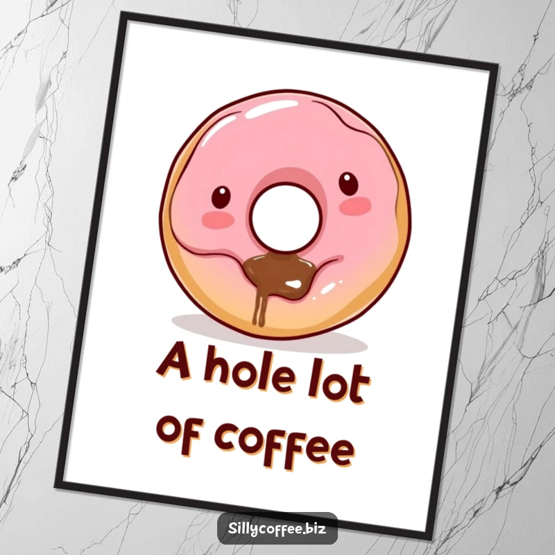 Funny Kawaii donut character with coffee dribbling from its hole, rendered as a playful digital art print for easy decor.