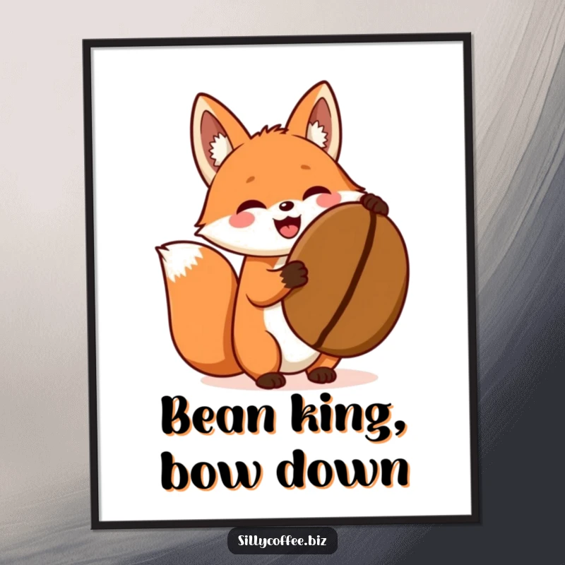 Funny digital art print of an excited kawaii fox holding a giant coffee bean, capturing pure coffee joy.