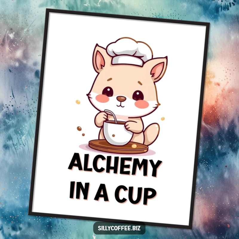 Funny Digital Art Print of a small animal character in a chef hat, humorously stirring a cup of coffee.