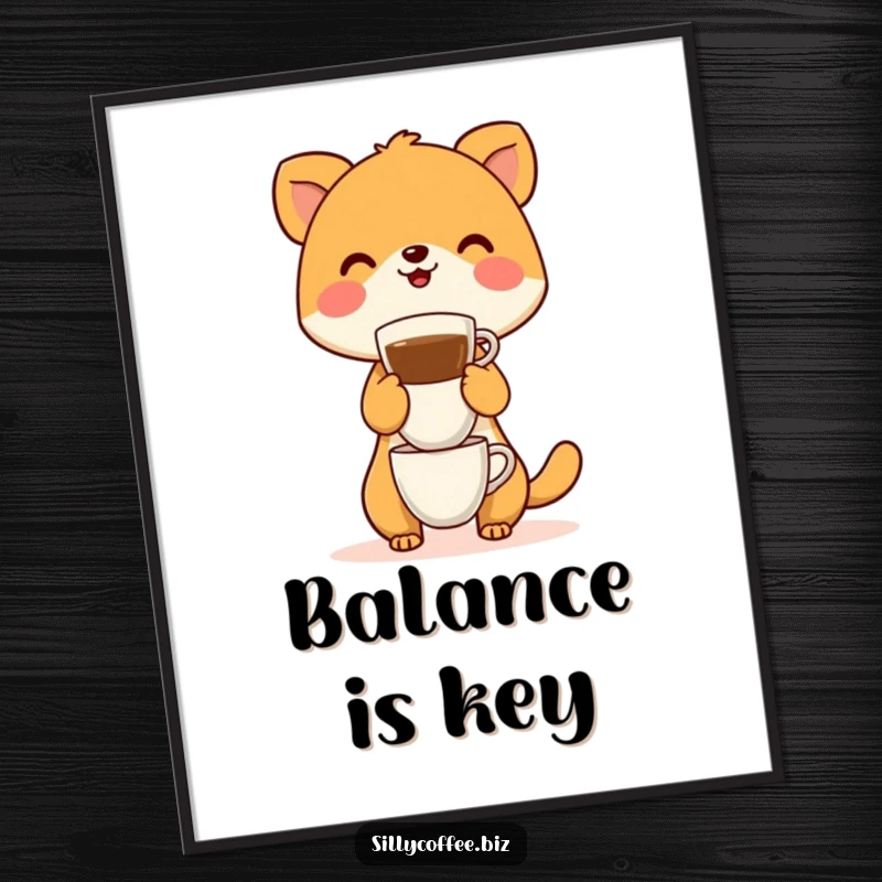 Funny Digital Art Print of a cheerful animal character precariously balancing a very tall stack of coffee cups.