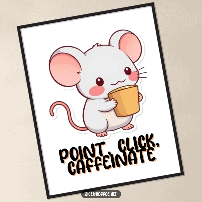Funny Kawaii computer mouse character with a coffee cup tail, rendered as a digital art print, perfect for instant decor.
