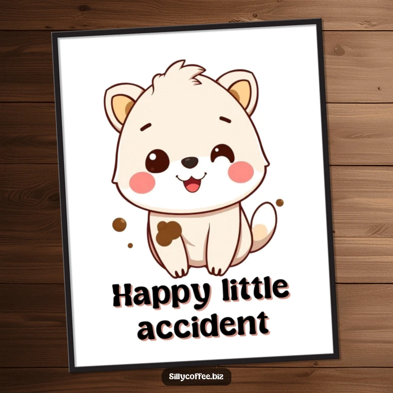 Funny Digital Art Print of a smiling animal character with a coffee stain on its fur, bringing cheerful humor.