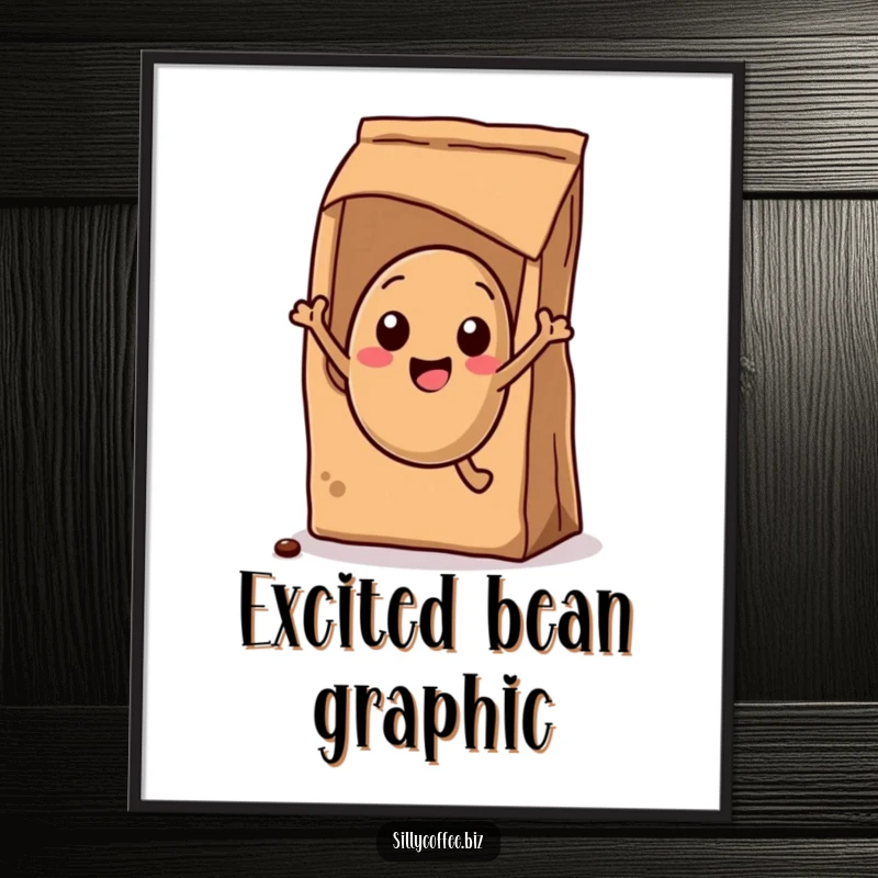 Funny Digital Art: A kawaii coffee bean leaping with excitement from a coffee bag, perfect for digital display.