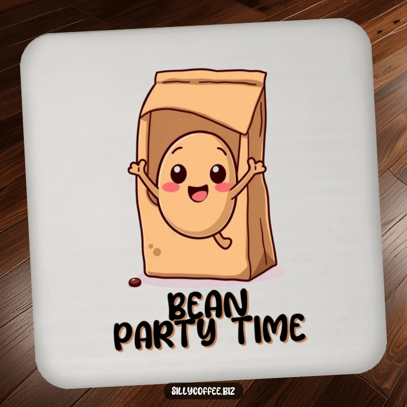 Funny Coaster: A kawaii coffee bean energetically jumping out of a coffee bag, protecting surfaces with zest.
