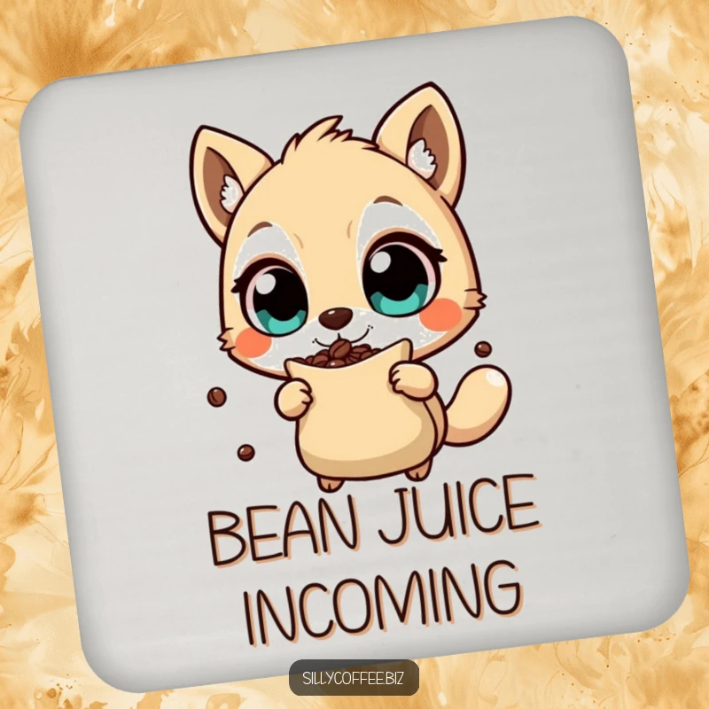Funny Drink Coaster with an animal character shaking a coffee bean bag, providing surface protection with humorous coffee obsession, a thoughtful gift.