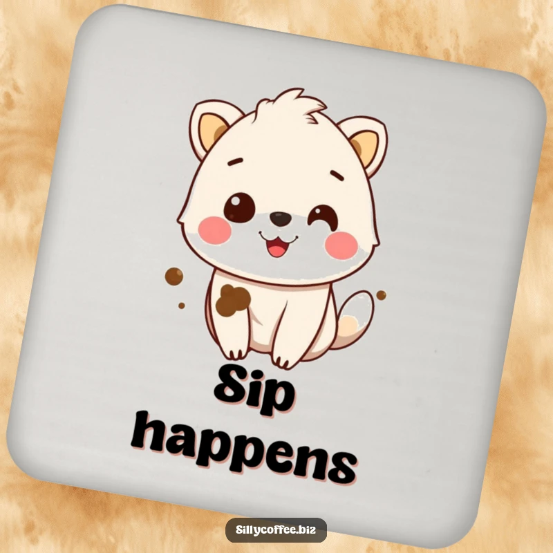 Funny Drink Coasters depicting a smiling animal character with a coffee stain, adding humorous character to any table.