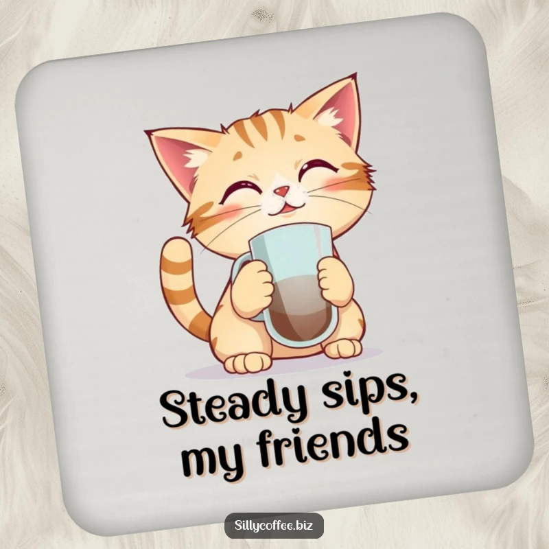 Funny coaster showing a kawaii cat focused on balancing a coffee mug on its nose, designed to protect surfaces with humor.