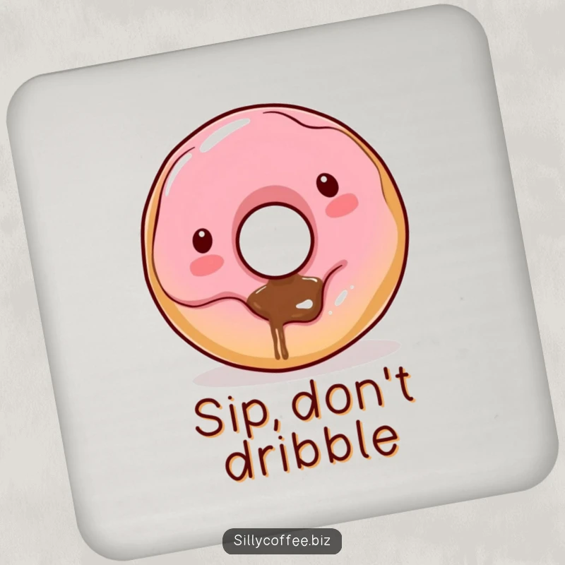 Funny Kawaii donut character with coffee dribbling from its hole on a drink coaster, adding humor and protection.