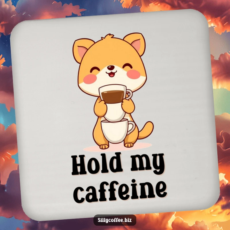 Funny Drink Coasters featuring a happy animal character balancing an impressive stack of coffee cups, bringing humor to your table.