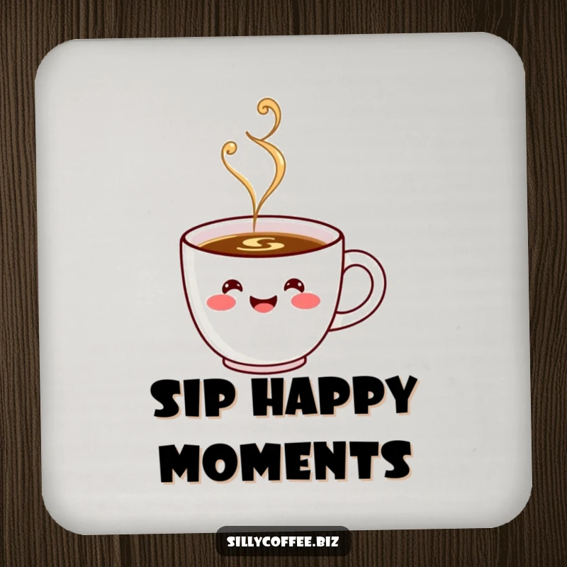 Funny Coaster: A happy kawaii coffee cup with a smiling face, steaming with joy, protecting surfaces.