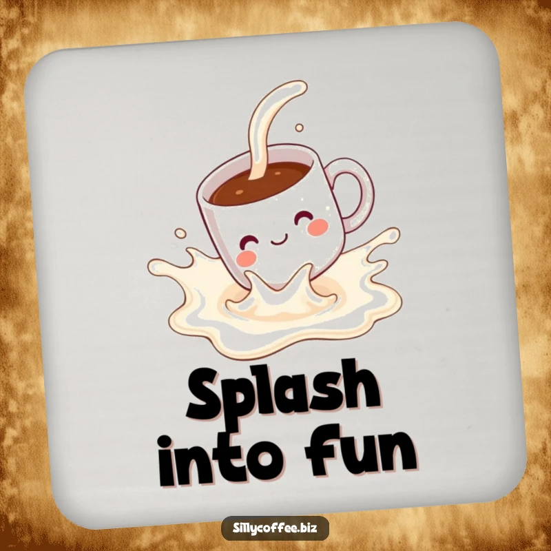 Funny Coaster: A kawaii coffee mug with a pleased expression, sliding down a milk splash, protecting surfaces.