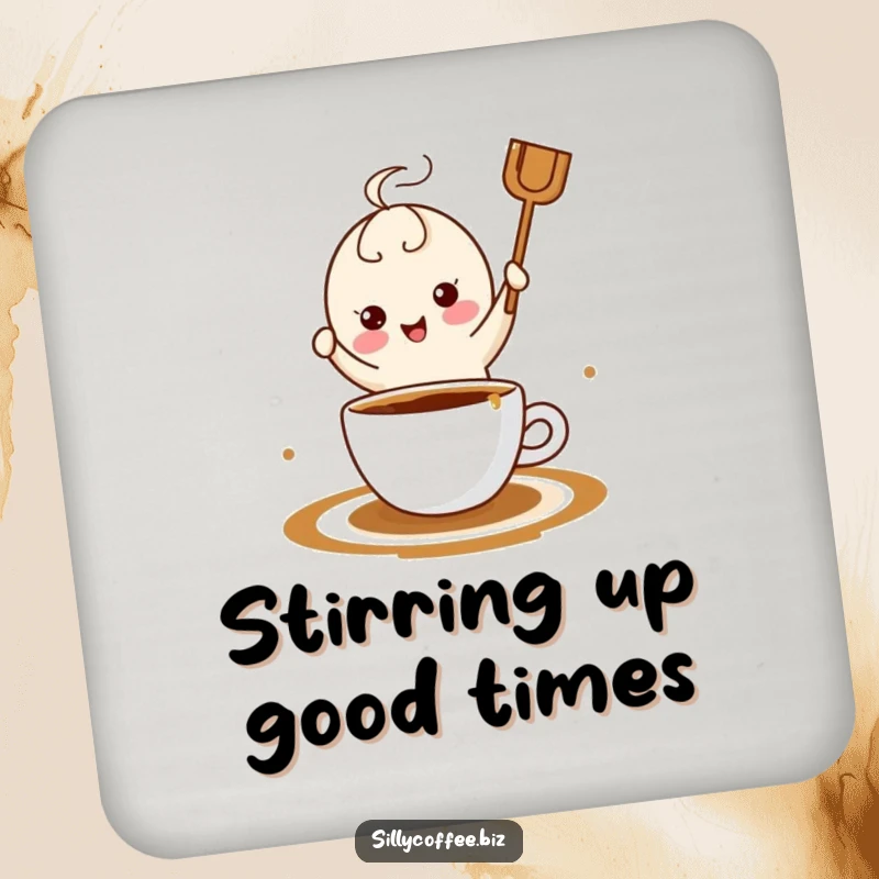 Funny kawaii coffee stirrer dancing jubilantly in a coffee beverage, showcased on protective drink coasters for tables.