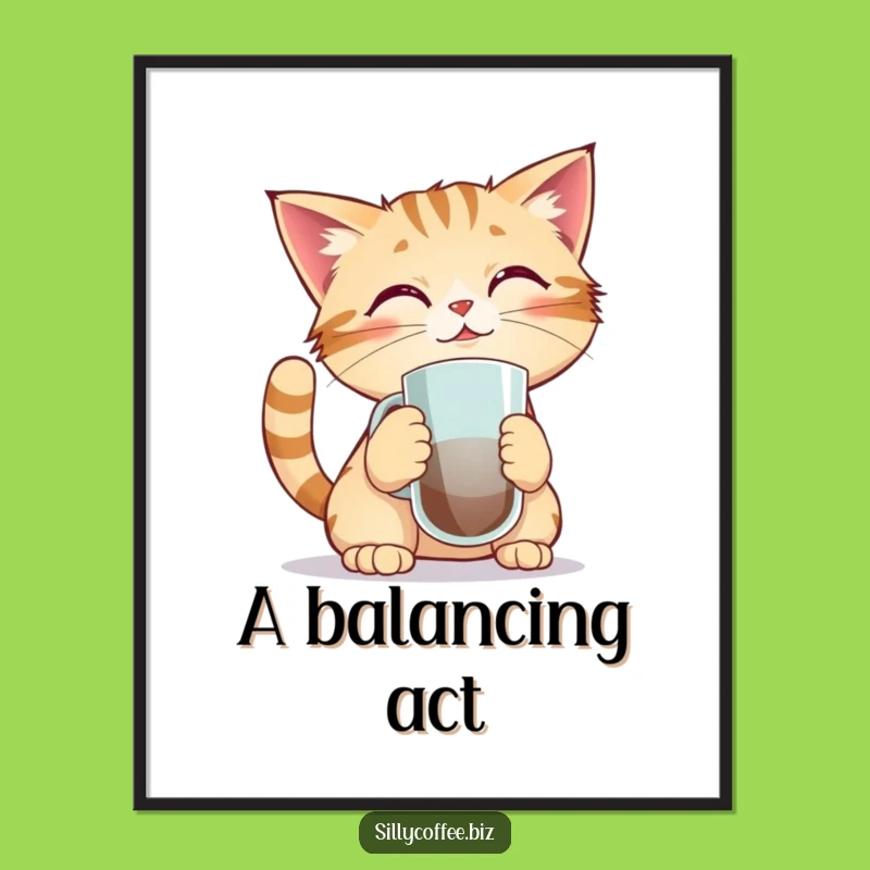 Funny Kawaii Cat Poster - Balancing Act Coffee Art Print