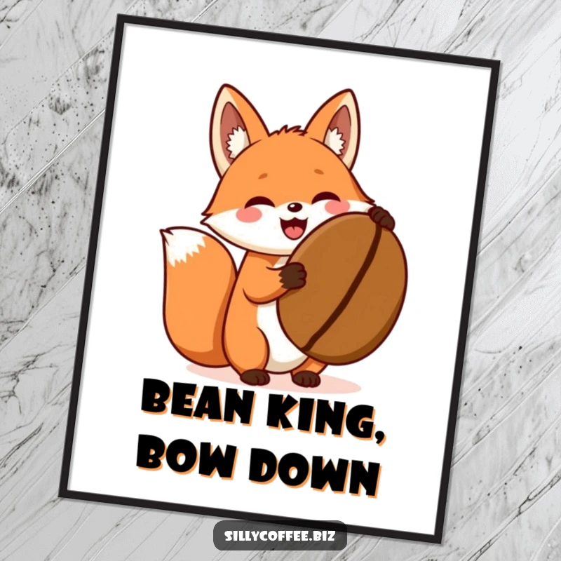 Funny poster featuring an excited kawaii fox holding a giant coffee bean, perfect for adding cheer.