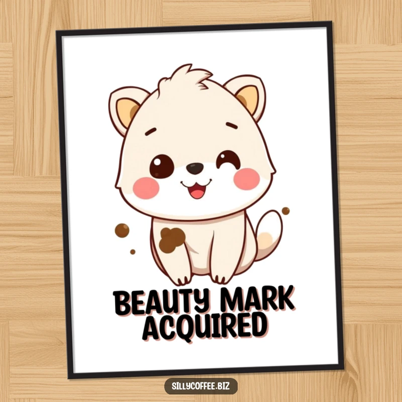 Funny Poster art of a cheerful animal character wearing a coffee stain with a smile, perfect for coffee-themed decor.