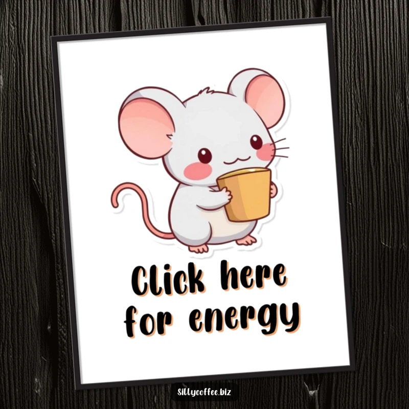 Funny Kawaii computer mouse character with a coffee cup tail, smiling and holding its tail, a piece of wall art.