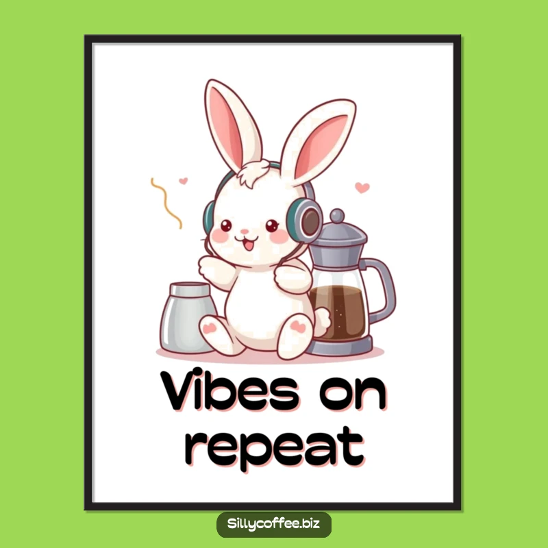 Funny Kawaii Bunny Poster - Groovy Music & Coffee Art Print