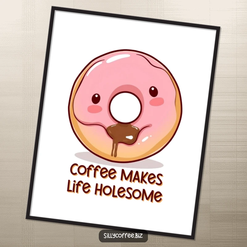 Funny Kawaii donut character with coffee dribbling from its hole, presented as a playful and humorous piece of wall art.