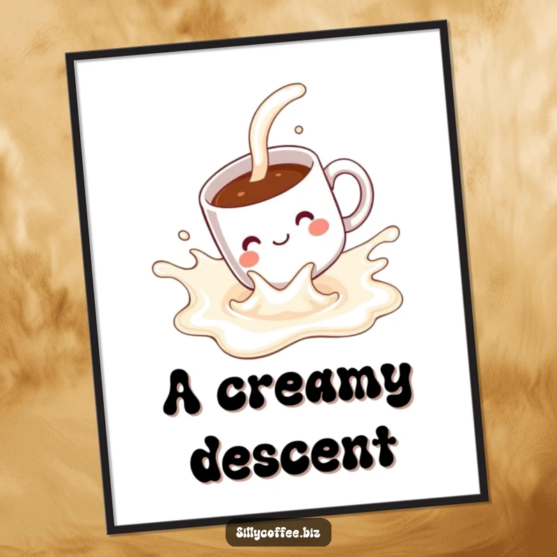 Funny Poster: A kawaii coffee mug with a happy expression, gracefully sliding down a splash of milk.